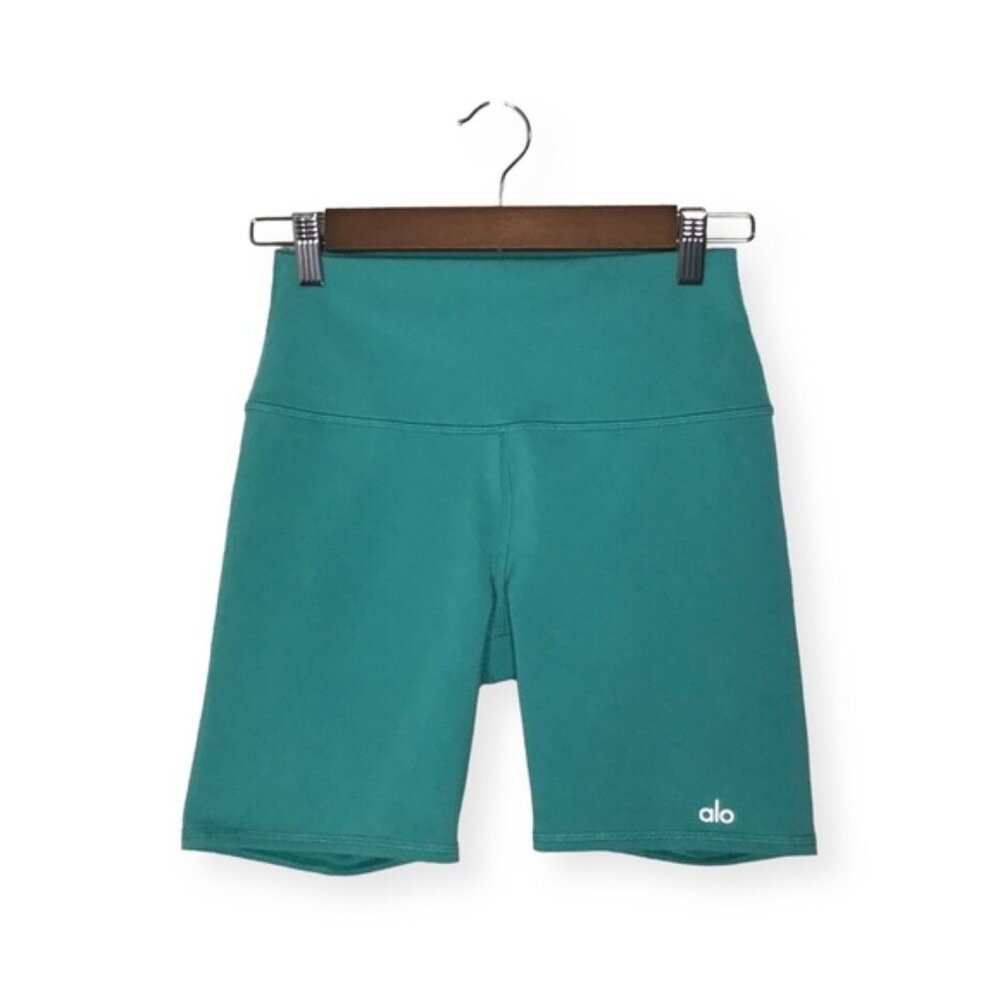 ALO YOGA High Waist Biker Short in Ocean Teal.
